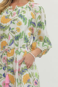 Floral Print Drawstring Waist Midi Dress - Lush Lemon - Women&