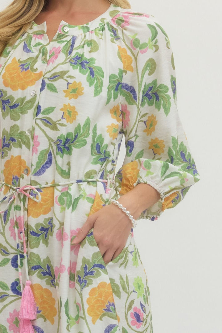 Floral Print Drawstring Waist Midi Dress - Lush Lemon - Women's Clothing - Entro - 39793121041373