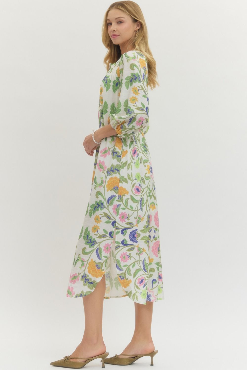 Floral Print Drawstring Waist Midi Dress - Lush Lemon - Women's Clothing - Entro - 39793121041373
