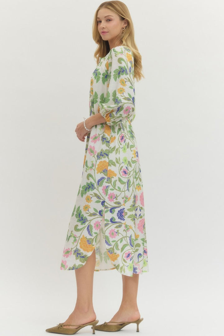Floral Print Drawstring Waist Midi Dress - Lush Lemon - Women's Clothing - Entro - 39793121041373