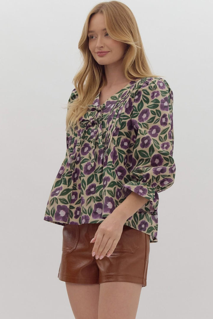 Floral Print Pintuck Balloon Sleeve Top - Lush Lemon - Women's Clothing - Entro - 252782527821