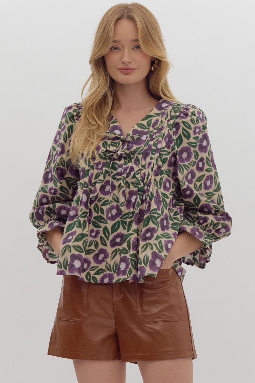 Floral Print Pintuck Balloon Sleeve Top - Lush Lemon - Women's Clothing - Entro - 252782527821