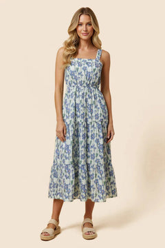 Floral Print Pleat Detail Sleeveless Poplin Dress - Lush Lemon - Women&