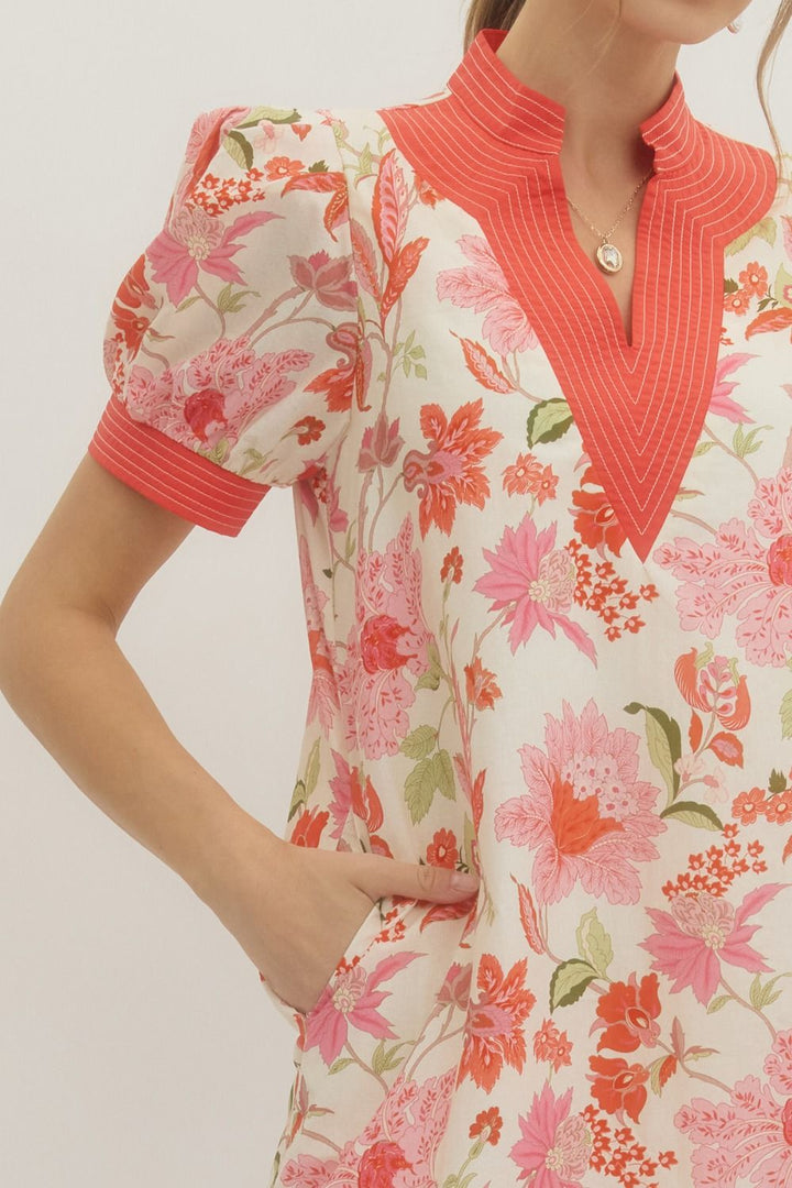 Floral Print Puff Sleeve Mini Dress - Lush Lemon - Women's Clothing - Entro - 75623691070077