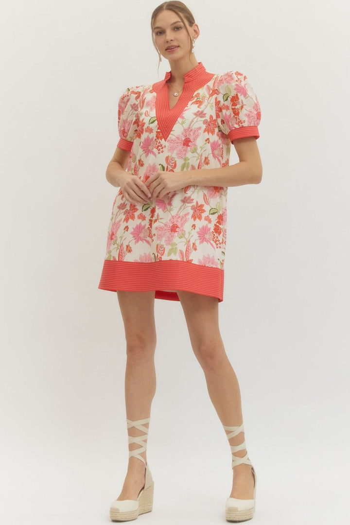 Floral Print Puff Sleeve Mini Dress - Lush Lemon - Women's Clothing - Entro - 75623691070077