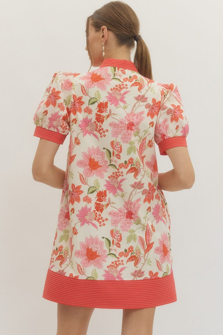 Floral Print Puff Sleeve Mini Dress - Lush Lemon - Women's Clothing - Entro - 75623691070077