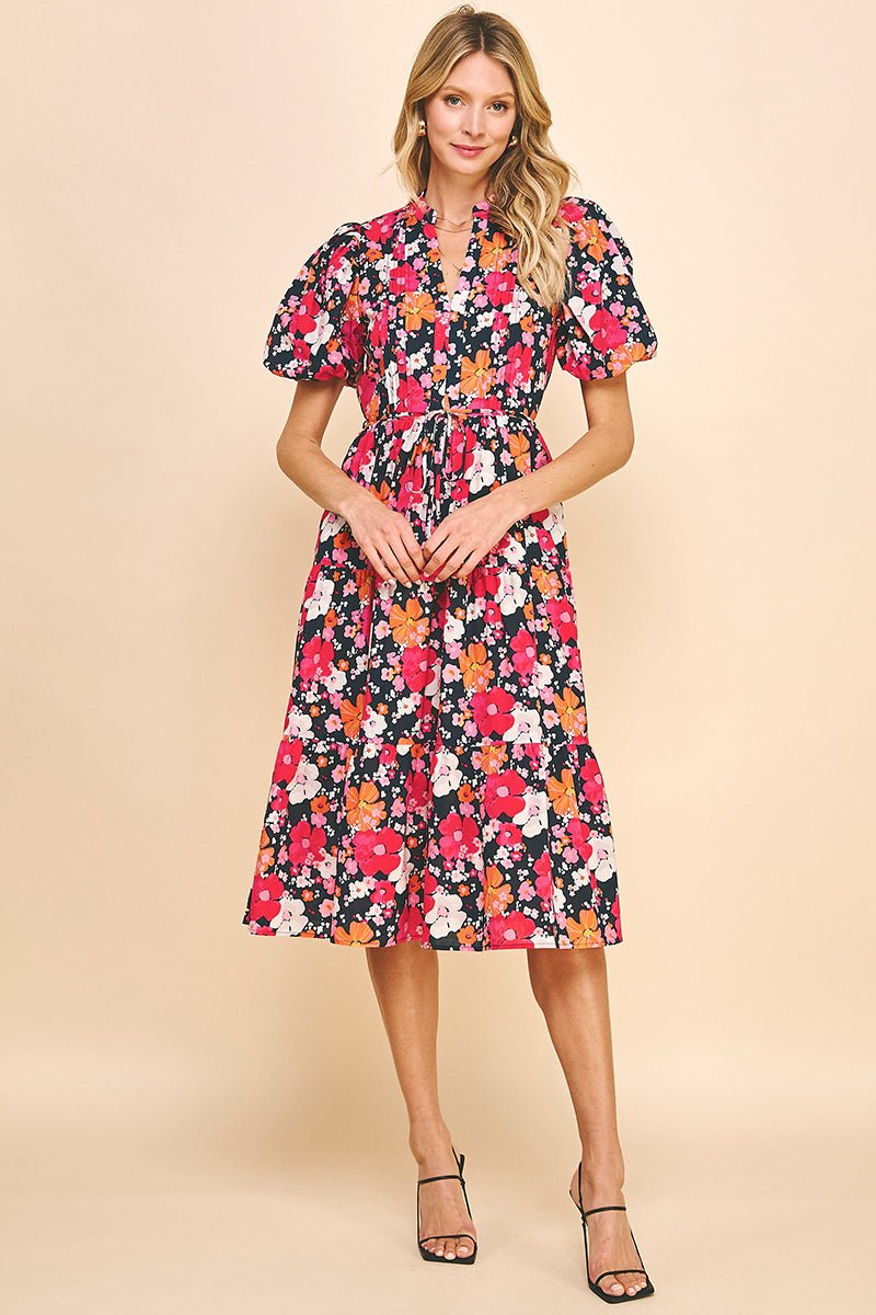 Floral Print Tiered Midi Dress - Lush Lemon - Women's Clothing - Pinch - 454745471