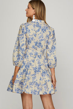 Floral Print V - Neck Dress W/Waist Tie - Lush Lemon - Women&
