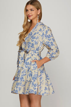Floral Print V - Neck Dress W/Waist Tie - Lush Lemon - Women&