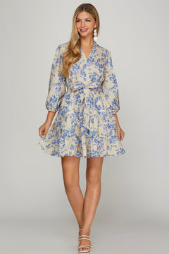 Floral Print V - Neck Dress W/Waist Tie - Lush Lemon - Women&