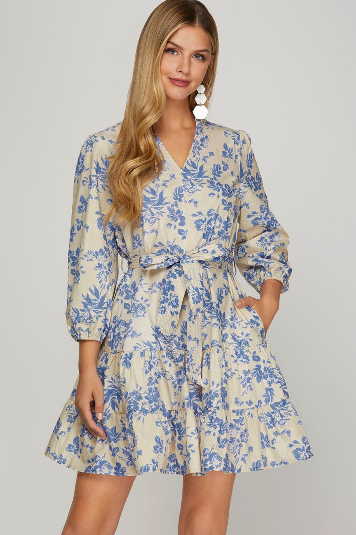 Floral Print V - Neck Dress W/Waist Tie - Lush Lemon - Women's Clothing - She + Sky - 33426671059997