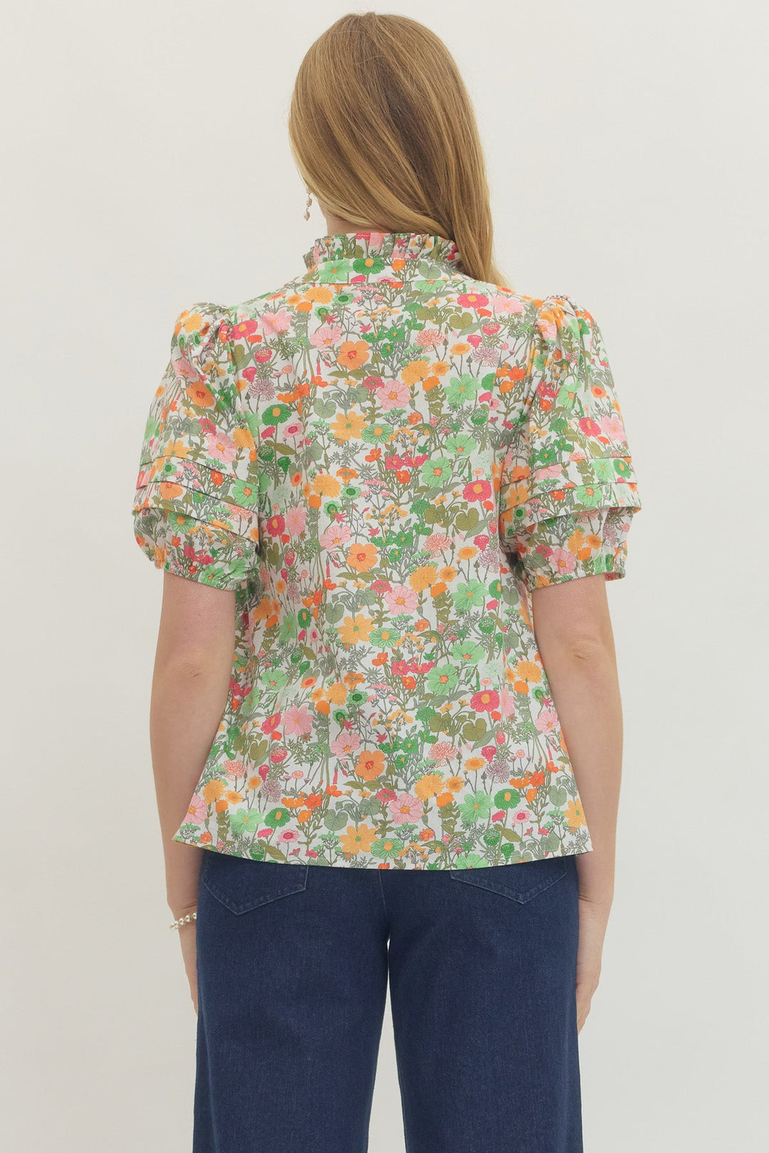 Floral Puff Sleeve Button Front Top - Lush Lemon - Women's Clothing - Entro - 92561941014237