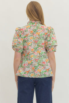 Floral Puff Sleeve Button Front Top - Lush Lemon - Women&
