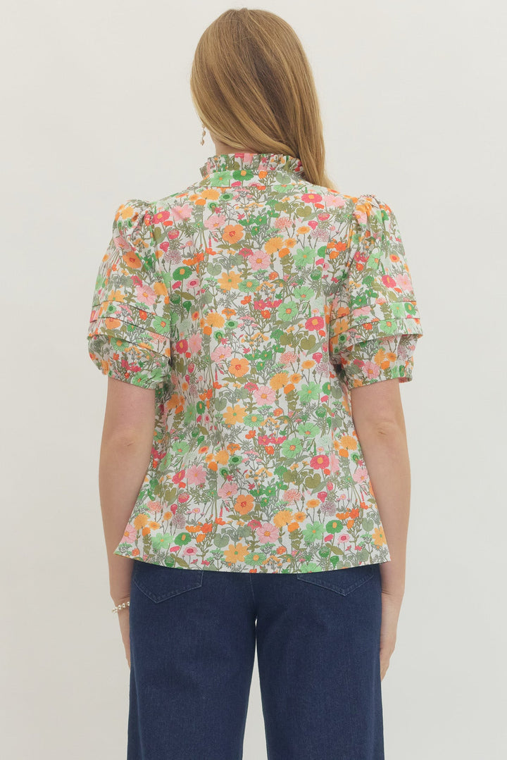 Floral Puff Sleeve Button Front Top - Lush Lemon - Women's Clothing - Entro - 92561941014237