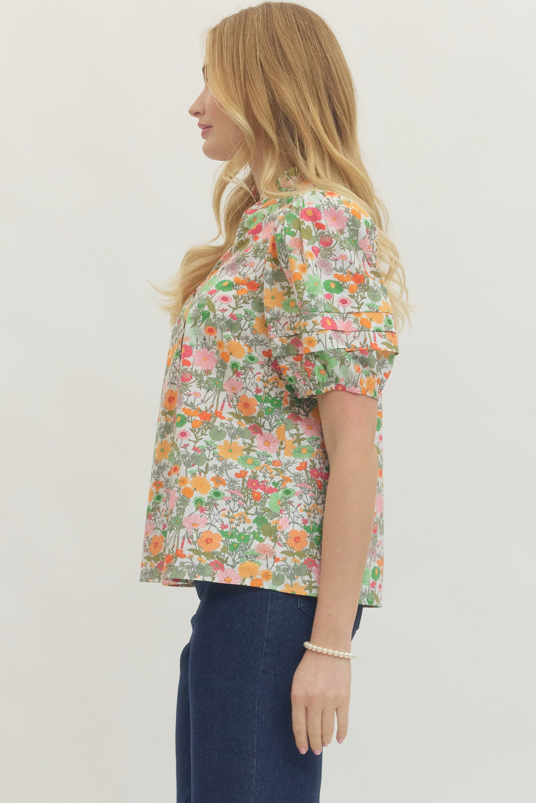 Floral Puff Sleeve Button Front Top - Lush Lemon - Women's Clothing - Entro - 92561941014237