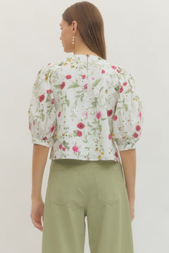 Floral Puff Sleeve Eyelet Top - Lush Lemon - Women&