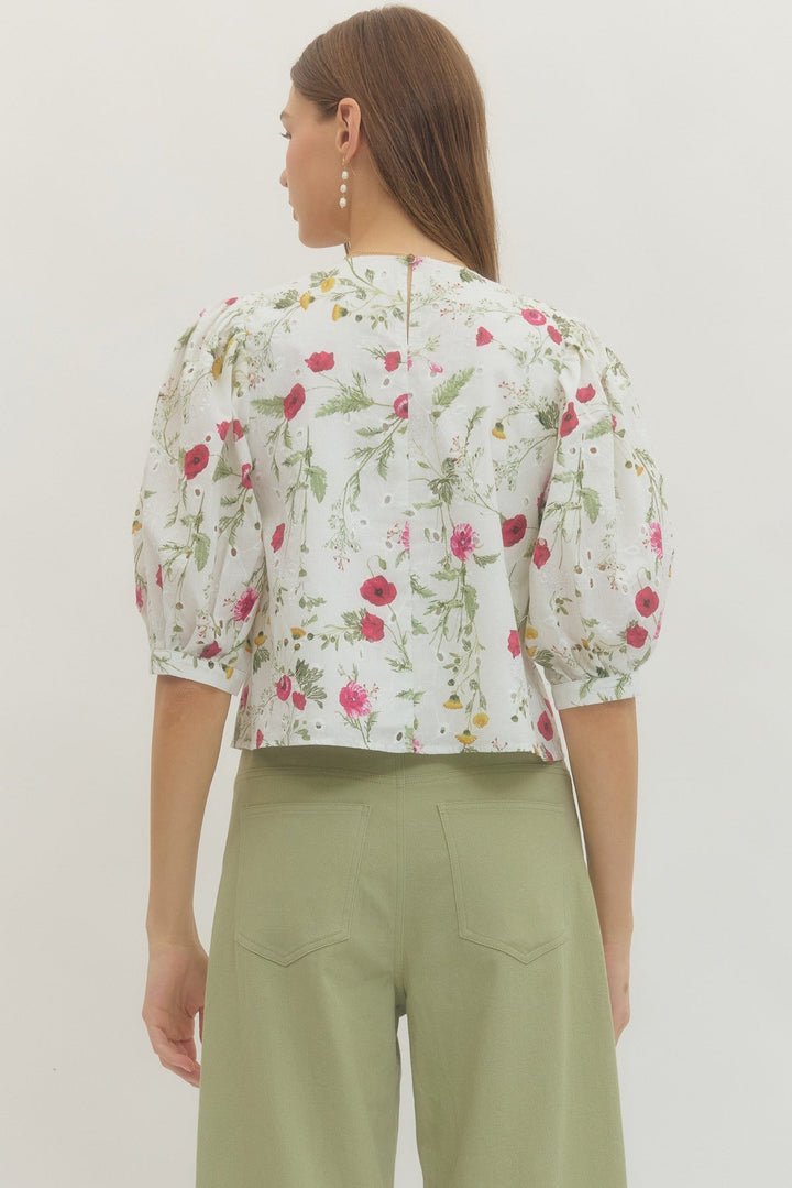 Floral Puff Sleeve Eyelet Top - Lush Lemon - Women's Clothing - Entro - 61019451033341