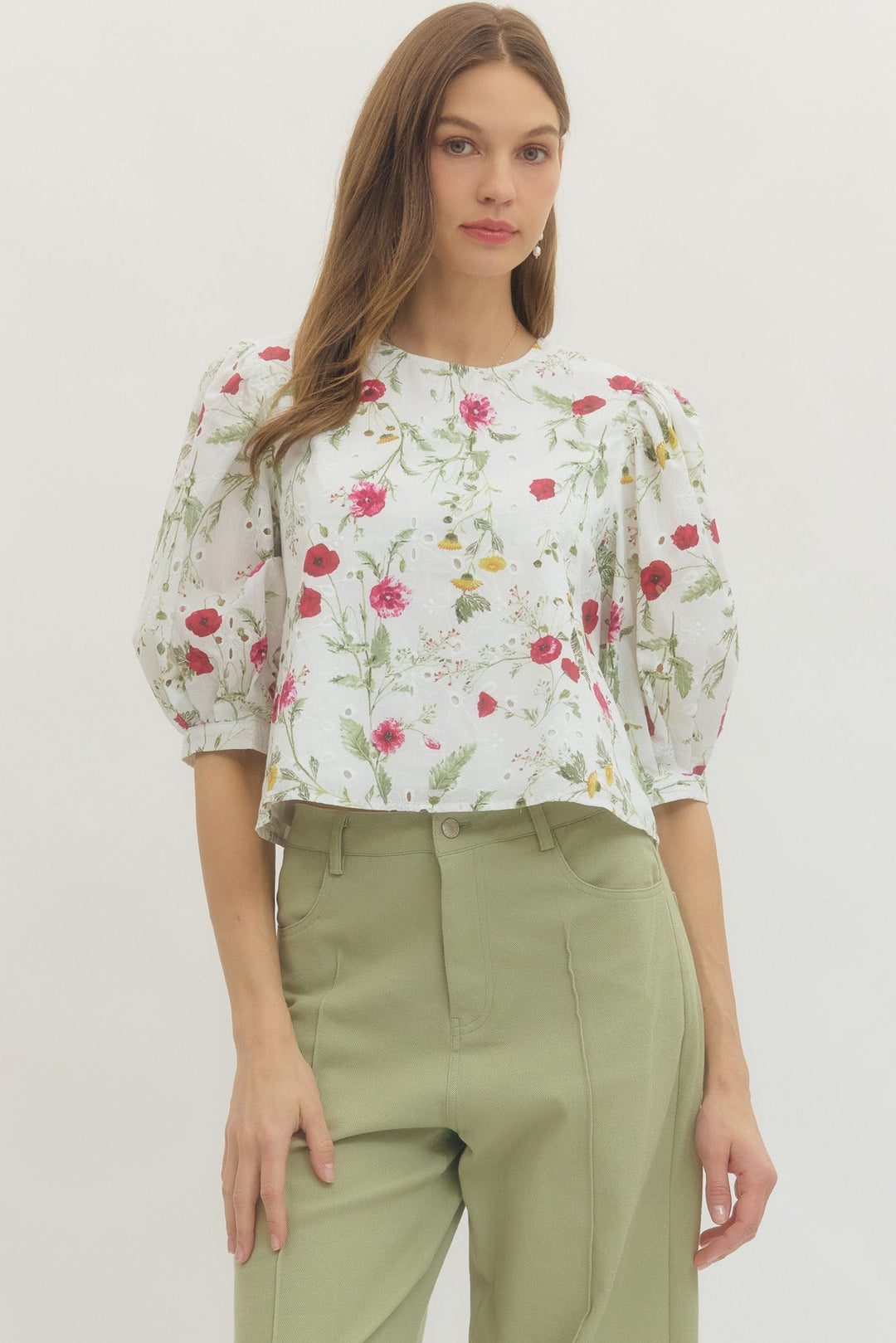 Floral Puff Sleeve Eyelet Top - Lush Lemon - Women's Clothing - Entro - 61019451033341