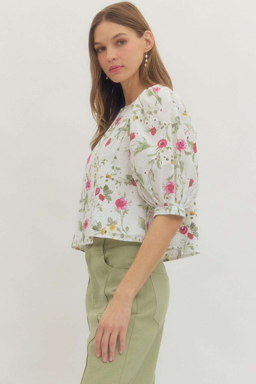 Floral Puff Sleeve Eyelet Top - Lush Lemon - Women's Clothing - Entro - 61019451033341