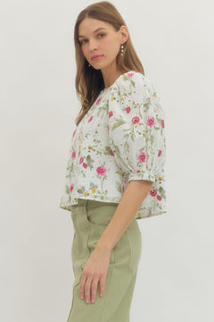 Floral Puff Sleeve Eyelet Top - Lush Lemon - Women&