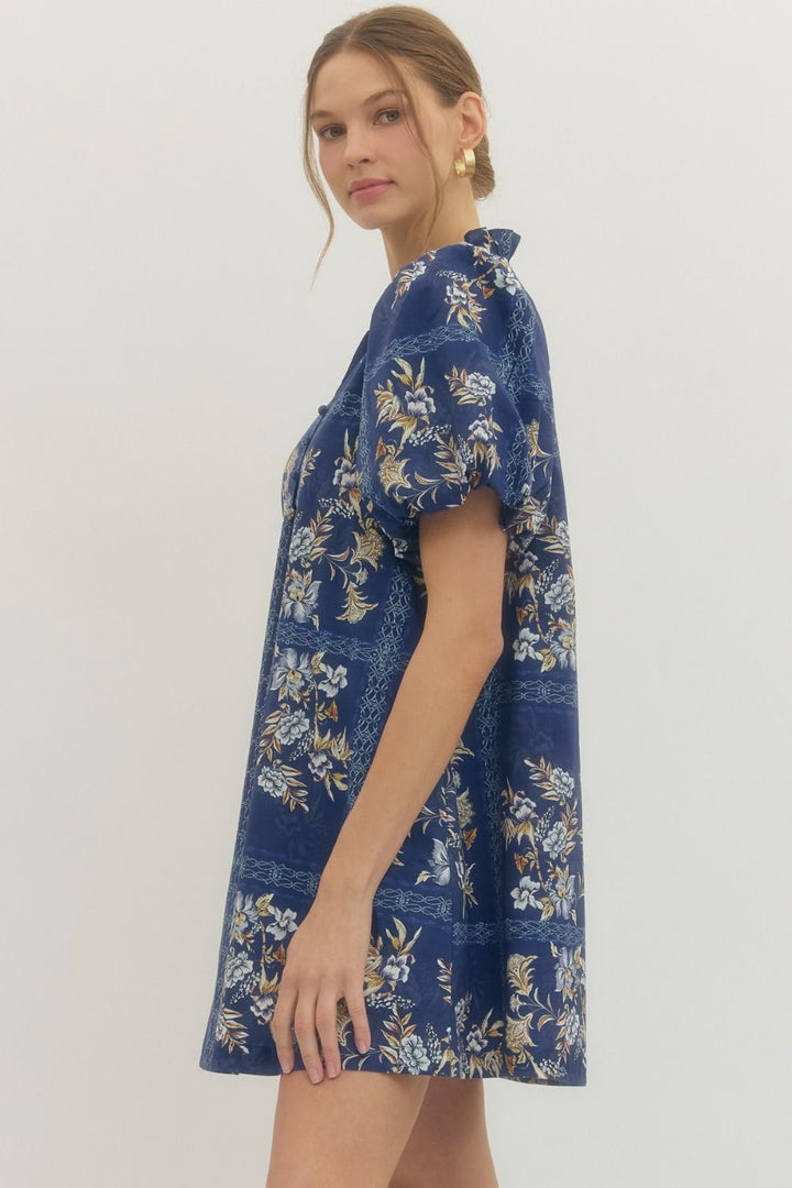 Floral Puff Sleeve Mini Dress - Lush Lemon - Women's Clothing - Entro - 43537481099453