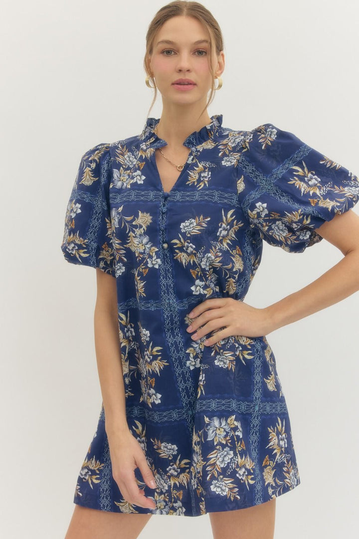 Floral Puff Sleeve Mini Dress - Lush Lemon - Women's Clothing - Entro - 43537481099453