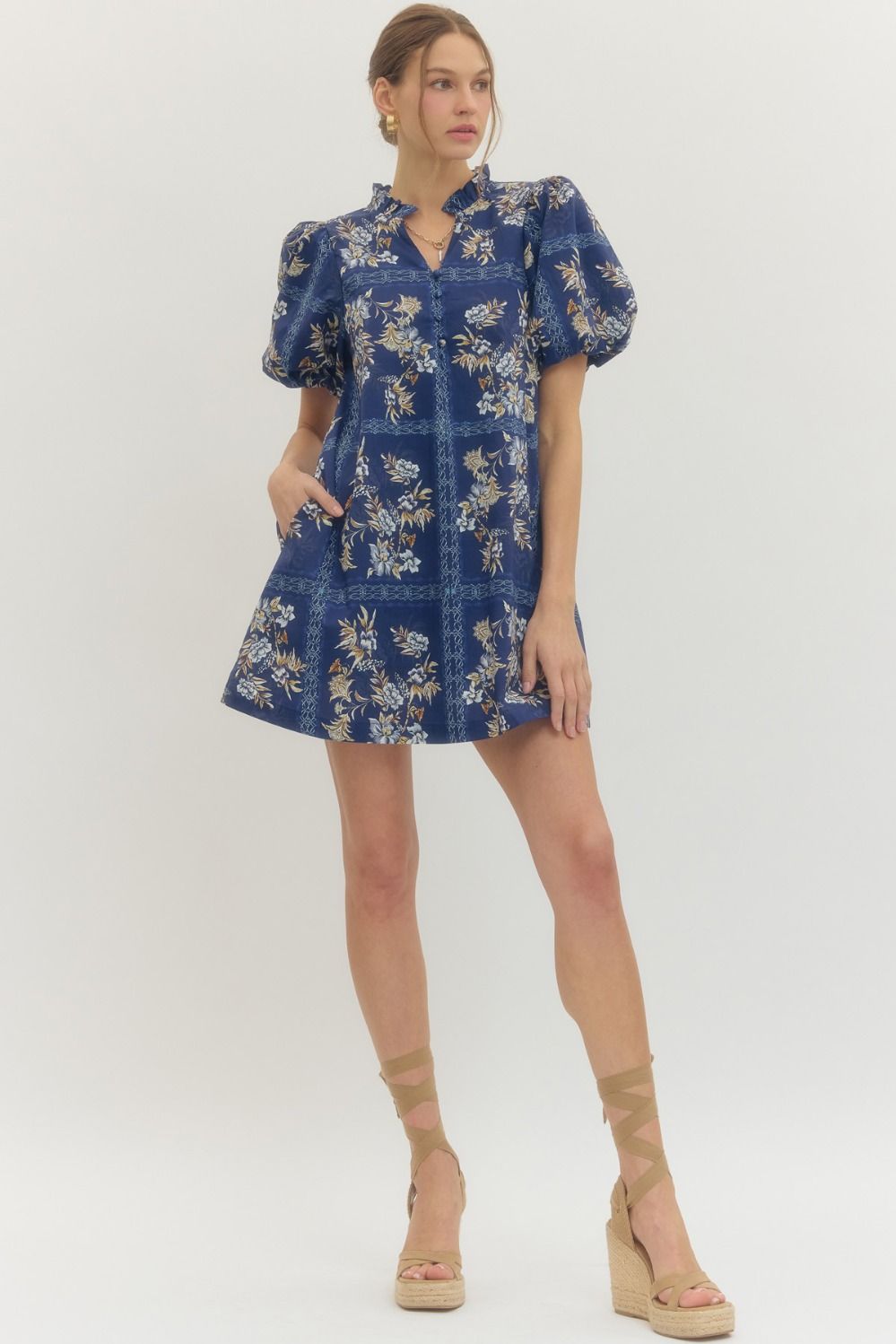 Floral Puff Sleeve Mini Dress - Lush Lemon - Women's Clothing - Entro - 43537481099453