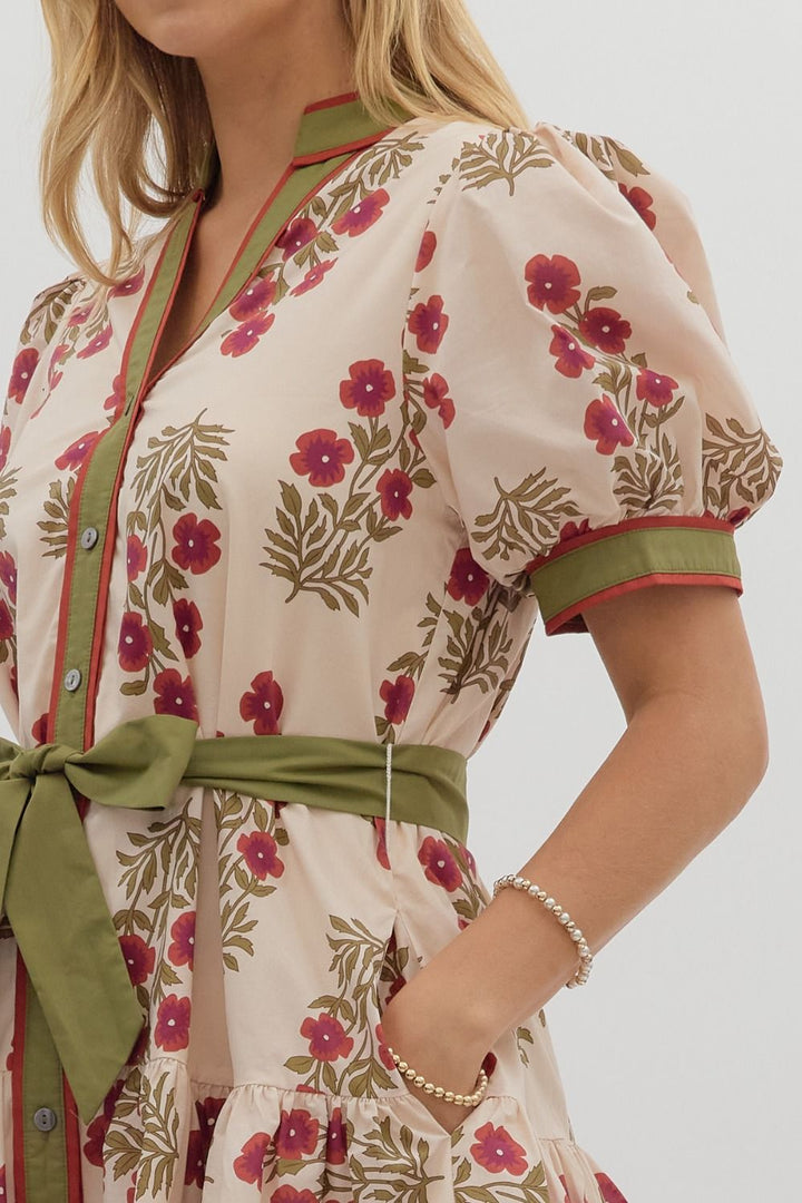 Floral Puff Sleeve Mini Dress W/Belt - Lush Lemon - Women's Clothing - Entro - 67360151092413