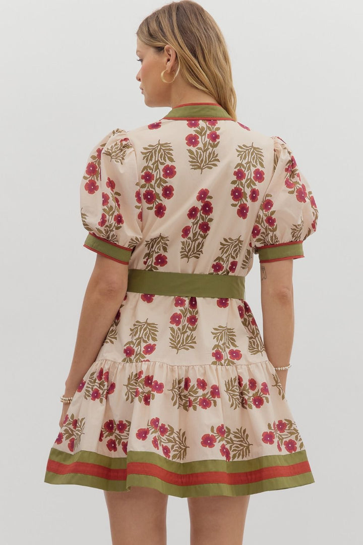 Floral Puff Sleeve Mini Dress W/Belt - Lush Lemon - Women's Clothing - Entro - 67360151092413