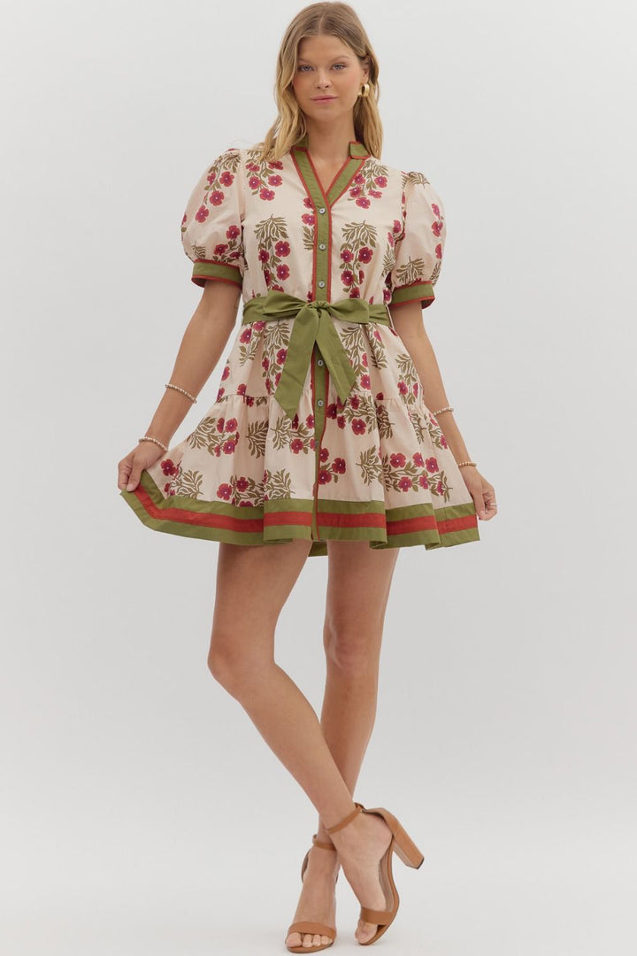 Floral Puff Sleeve Mini Dress W/Belt - Lush Lemon - Women's Clothing - Entro - 67360151092413