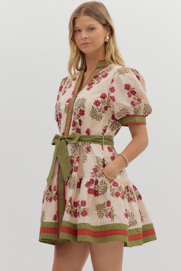 Floral Puff Sleeve Mini Dress W/Belt - Lush Lemon - Women's Clothing - Entro - 67360151092413