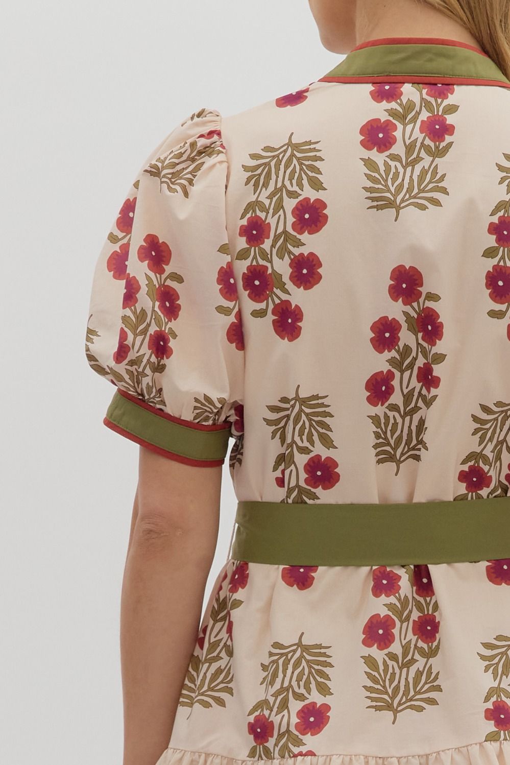 Floral Puff Sleeve Mini Dress W/Belt - Lush Lemon - Women's Clothing - Entro - 67360151092413