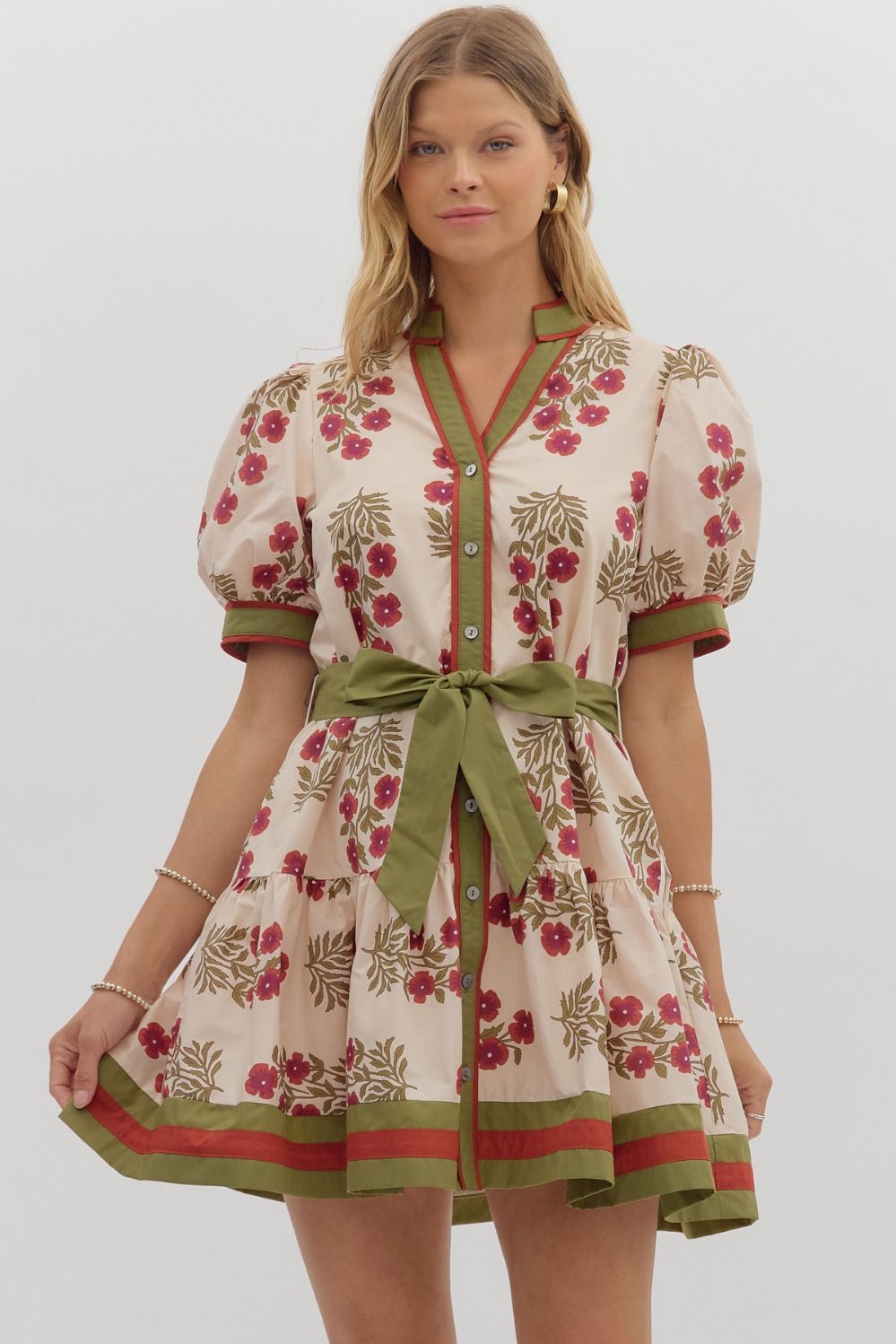 Floral Puff Sleeve Mini Dress W/Belt - Lush Lemon - Women's Clothing - Entro - 67360151092413