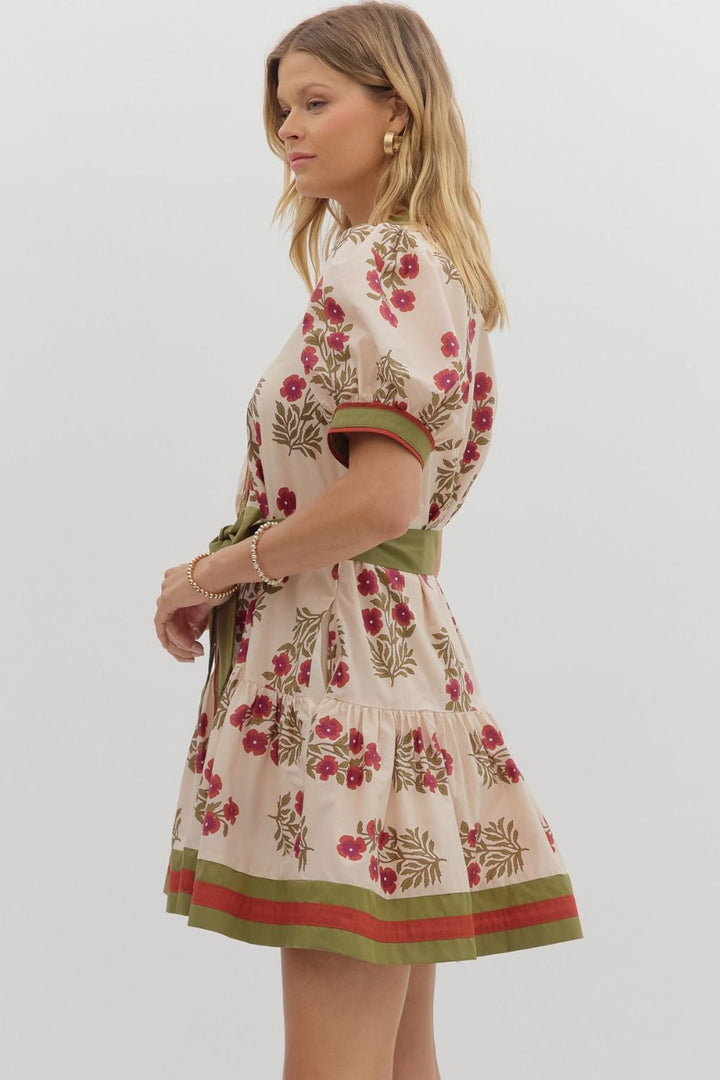 Floral Puff Sleeve Mini Dress W/Belt - Lush Lemon - Women's Clothing - Entro - 67360151092413