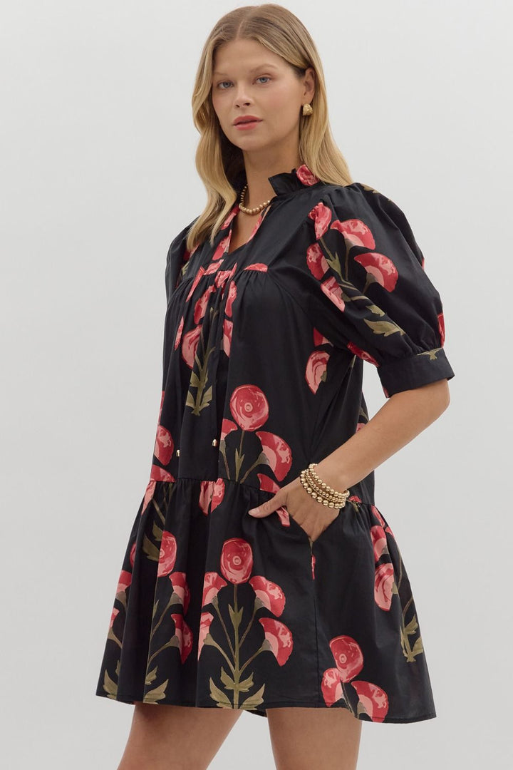 Floral Puff Sleeve Mini Dress W/Ruffle Hem - Lush Lemon - Women's Clothing - Entro - 73044491005757