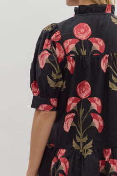 Floral Puff Sleeve Mini Dress W/Ruffle Hem - Lush Lemon - Women&