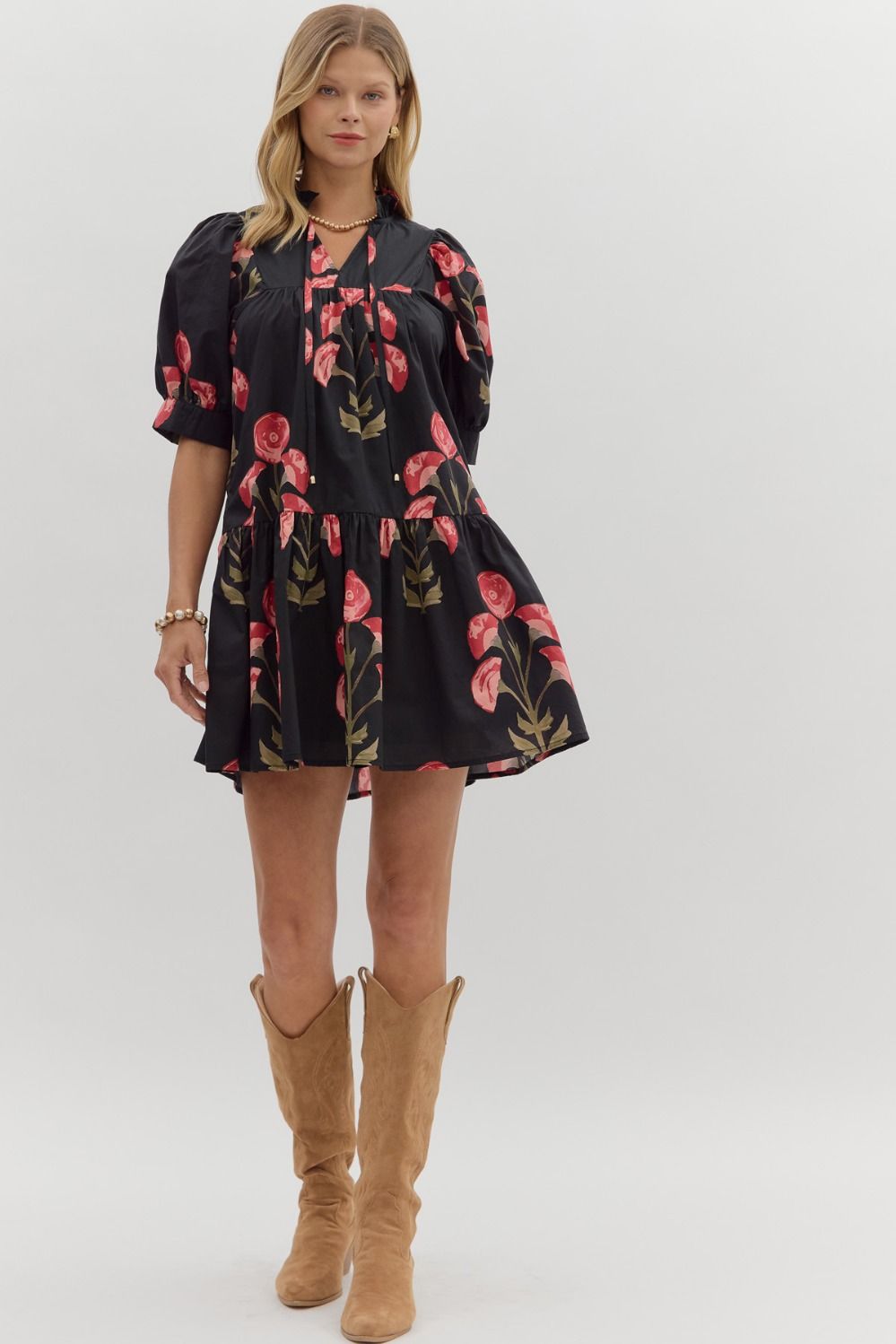 Floral Puff Sleeve Mini Dress W/Ruffle Hem - Lush Lemon - Women's Clothing - Entro - 73044491005757