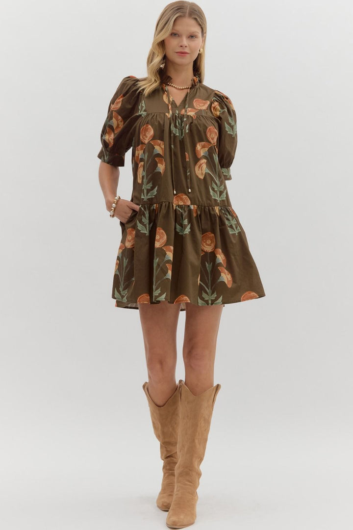 Floral Puff Sleeve Mini Dress W/Ruffle Hem - Lush Lemon - Women's Clothing - Entro - 73044491005757