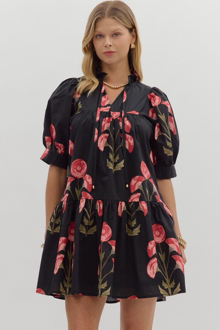 Floral Puff Sleeve Mini Dress W/Ruffle Hem - Lush Lemon - Women's Clothing - Entro - 73044491005757