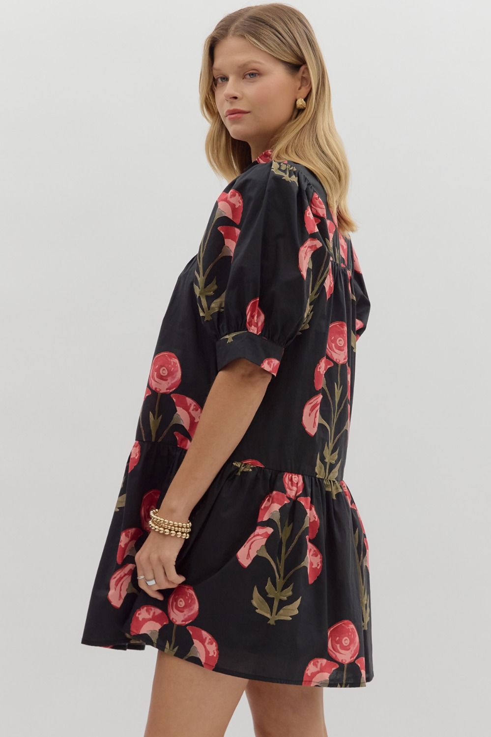 Floral Puff Sleeve Mini Dress W/Ruffle Hem - Lush Lemon - Women's Clothing - Entro - 73044491005757