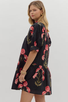 Floral Puff Sleeve Mini Dress W/Ruffle Hem - Lush Lemon - Women&