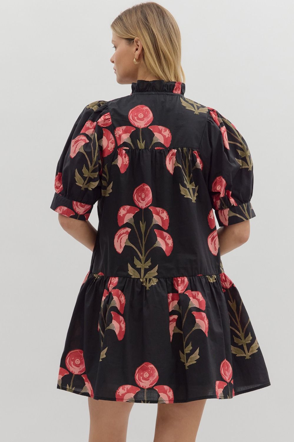 Floral Puff Sleeve Mini Dress W/Ruffle Hem - Lush Lemon - Women's Clothing - Entro - 73044491005757
