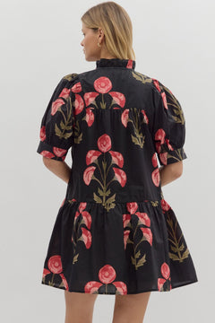 Floral Puff Sleeve Mini Dress W/Ruffle Hem - Lush Lemon - Women&