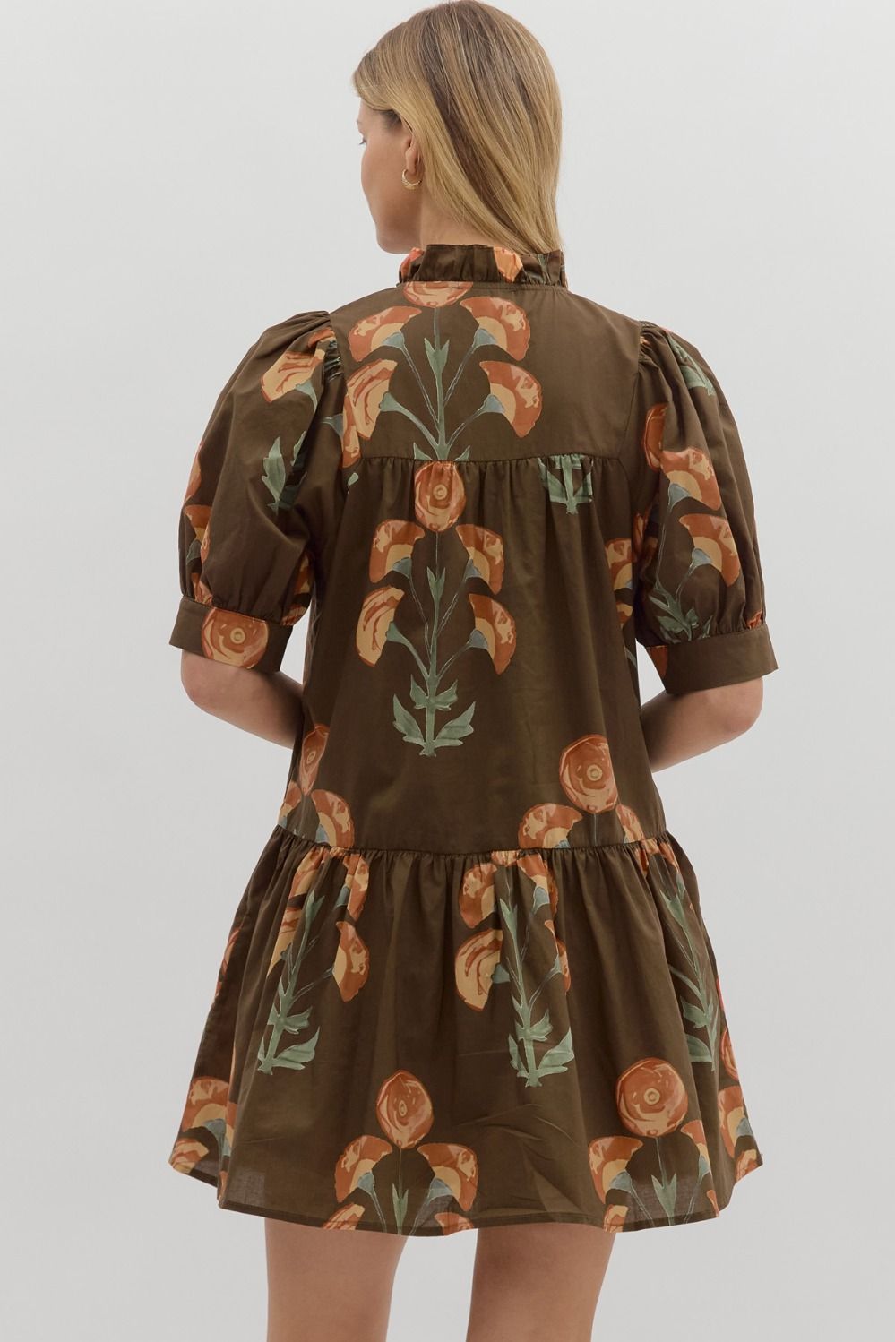 Floral Puff Sleeve Mini Dress W/Ruffle Hem - Lush Lemon - Women's Clothing - Entro - 73044491005757