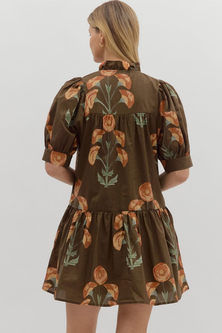Floral Puff Sleeve Mini Dress W/Ruffle Hem - Lush Lemon - Women's Clothing - Entro - 73044491005757