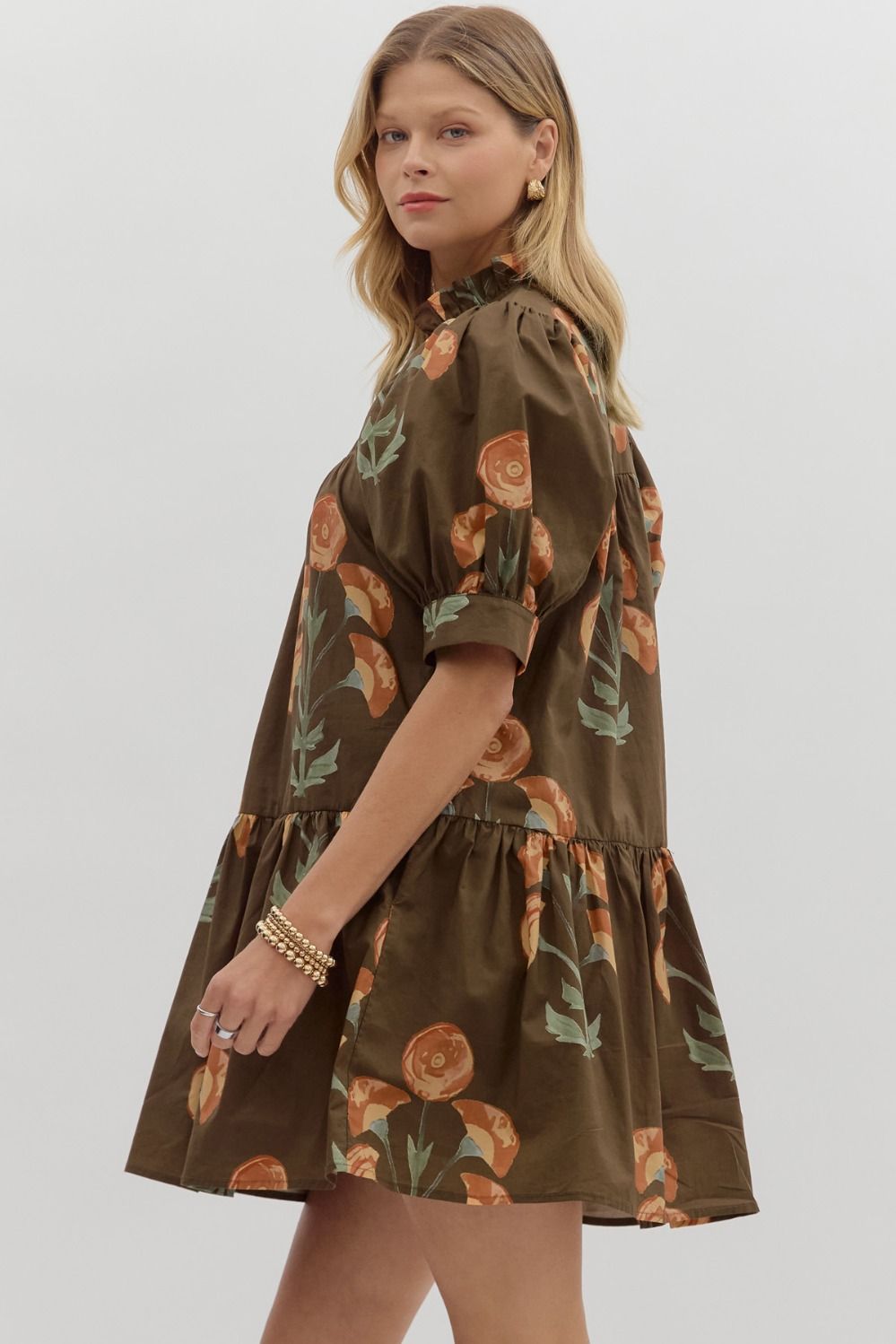Floral Puff Sleeve Mini Dress W/Ruffle Hem - Lush Lemon - Women's Clothing - Entro - 73044491005757