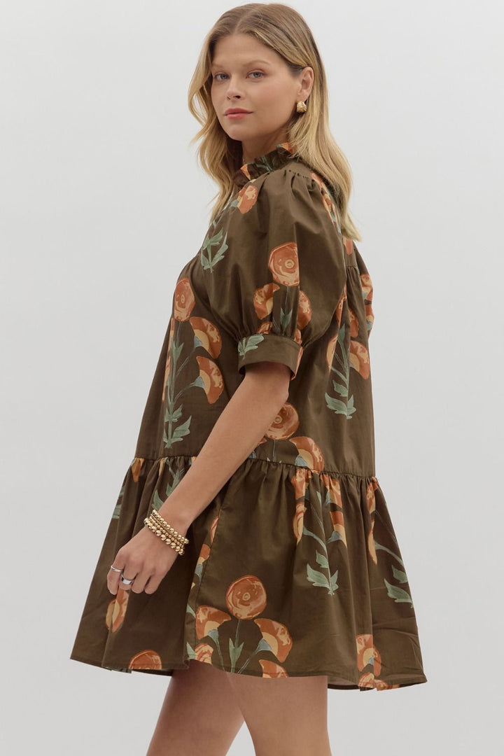 Floral Puff Sleeve Mini Dress W/Ruffle Hem - Lush Lemon - Women's Clothing - Entro - 73044491005757