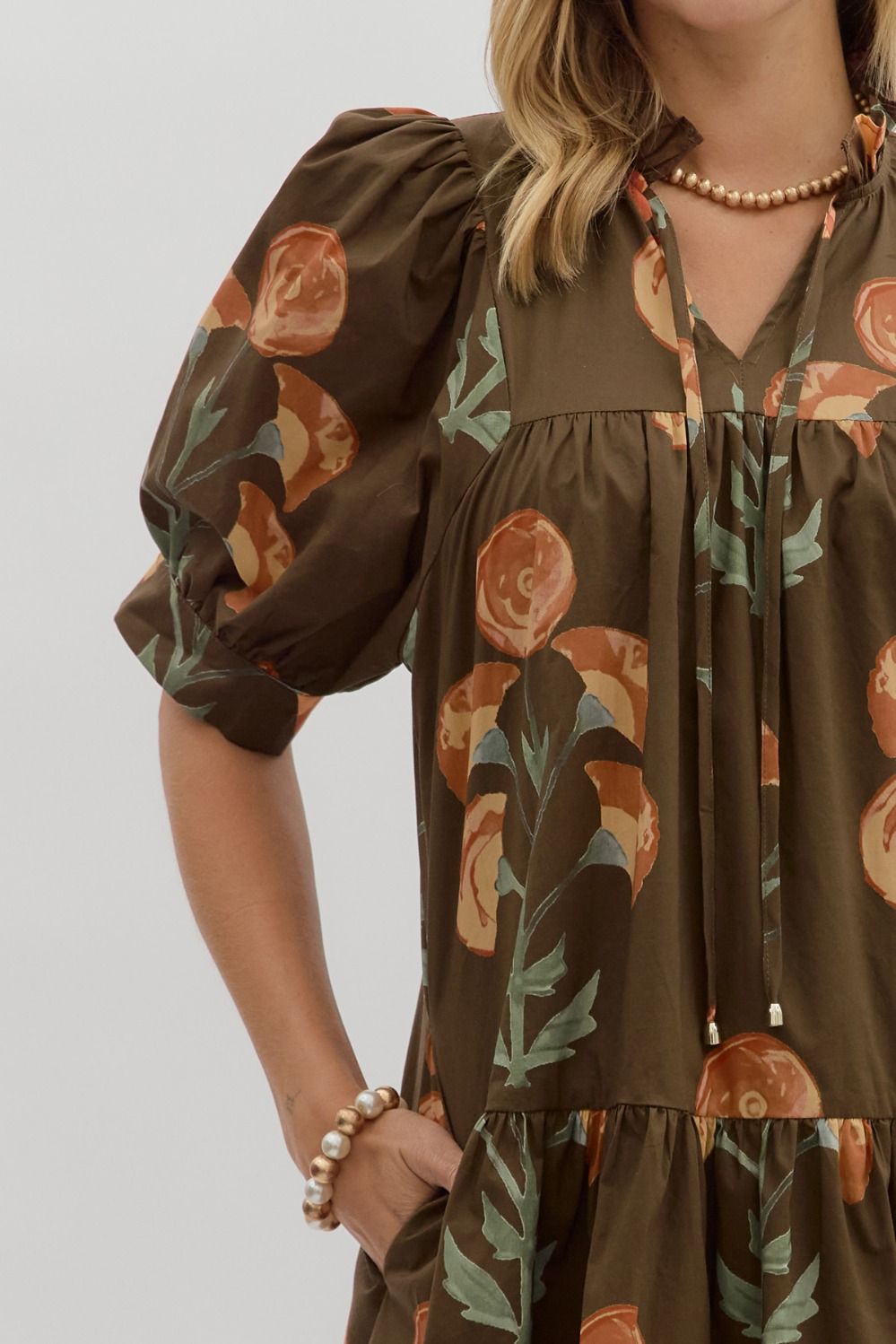 Floral Puff Sleeve Mini Dress W/Ruffle Hem - Lush Lemon - Women's Clothing - Entro - 73044491005757