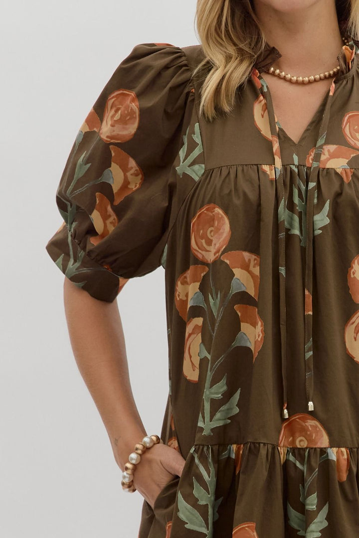 Floral Puff Sleeve Mini Dress W/Ruffle Hem - Lush Lemon - Women's Clothing - Entro - 73044491005757