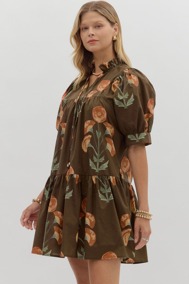 Floral Puff Sleeve Mini Dress W/Ruffle Hem - Lush Lemon - Women's Clothing - Entro - 73044491005757